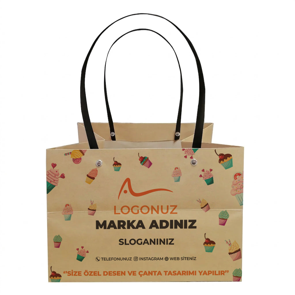 Özel Baskılı Siyah Renk Bambu Saplı Kraft Çanta