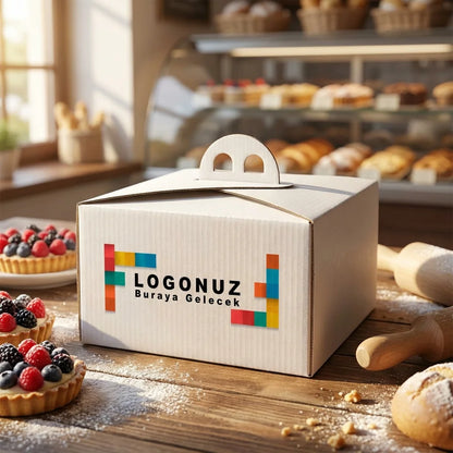 Özel Baskılı 2 No Oluklu Beyaz Renk Saplı Turta Kutusu
