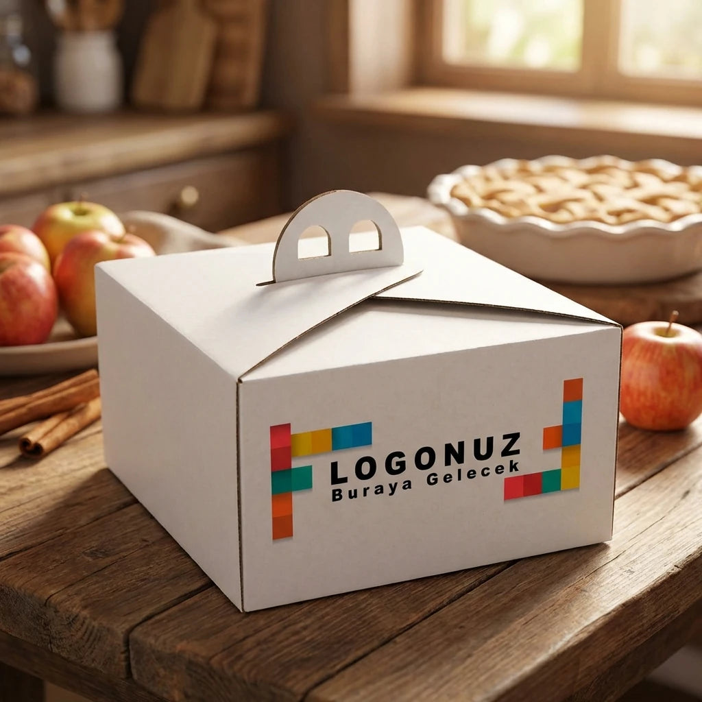 Özel Baskılı 2 No Oluklu Beyaz Renk Saplı Turta Kutusu