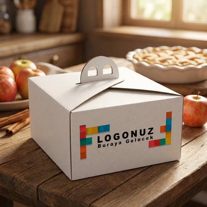 Özel Baskılı 2 No Oluklu Beyaz Renk Saplı Turta Kutusu