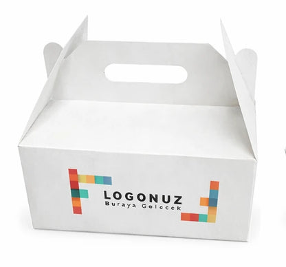 Özel Baskılı Oluklu Beyaz Saplı İkili Hamburger Kutusu