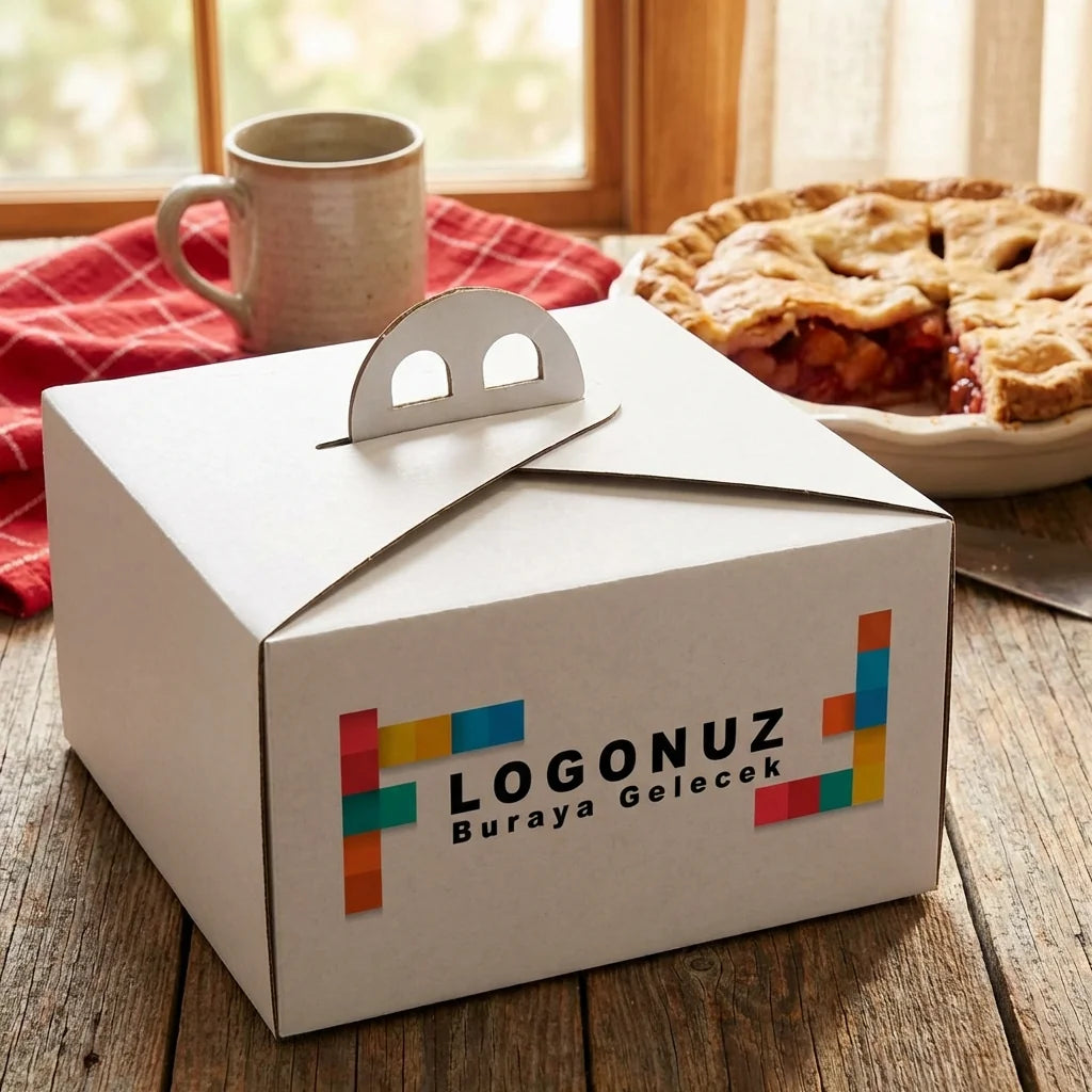 Özel Baskılı 2 No Oluklu Beyaz Renk Saplı Turta Kutusu