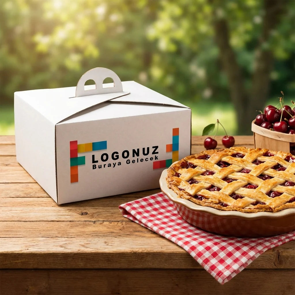 Özel Baskılı 2 No Oluklu Beyaz Renk Saplı Turta Kutusu