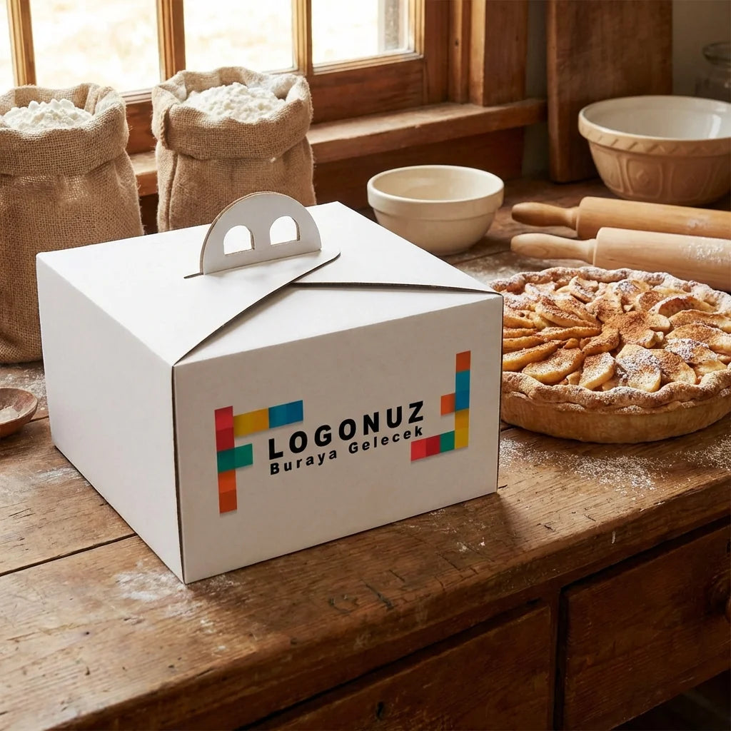 Özel Baskılı 2 No Oluklu Beyaz Renk Saplı Turta Kutusu