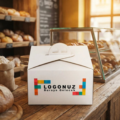 Özel Baskılı 2 No Oluklu Beyaz Renk Saplı Turta Kutusu