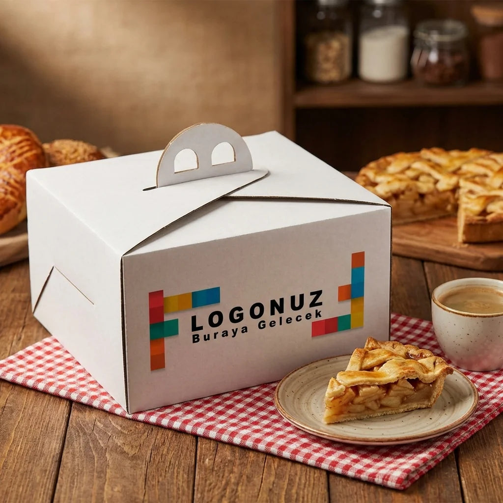 Özel Baskılı 2 No Oluklu Beyaz Renk Saplı Turta Kutusu