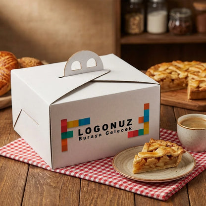 Özel Baskılı 2 No Oluklu Beyaz Renk Saplı Turta Kutusu